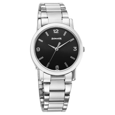 Sonata Classic Quartz Analog Black Dial Silver Stainless Steel Strap Watch for Men-NS7987SM07W/NT7987SM07W