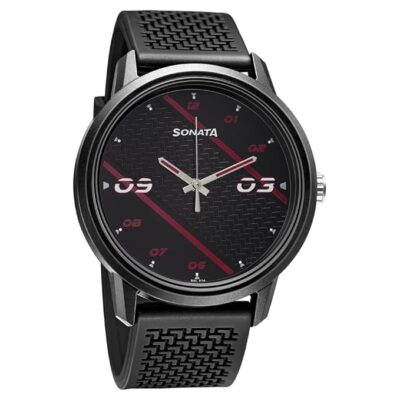 Sonata Men Black Dial Black Band Quartz Analog PU Strap Watch -NS77085PP10W/NT77085PP10W
