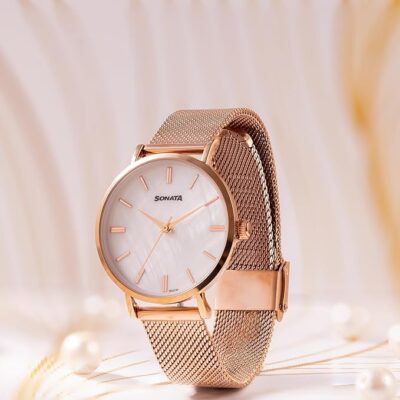 Sonata Quartz Analog White Dial Rose Gold Stainless Steel Strap Watch for Women