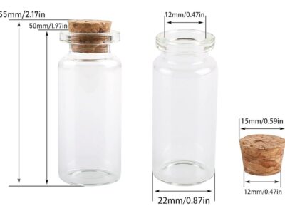 VRB Dec Tm Mini Glass Jars with Cork Stoppers – Tiny Wishing/Message Bottles for Crafts, Décor & Gifts | Empty Small Glass Vials (Pack of 12, Black)