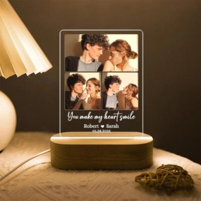 Glossy Gift LED Photo Frame – Personalized Acrylic Photo Frame with Wooden Base & Warm Light | Customised Gift for Couples, Anniversaries, Weddings, Birthdays & Valentine’s Day