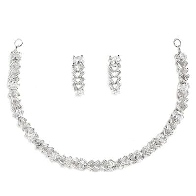 Rhodium Plated Silver Toned White American Diamond Studded Necklace With Earring Jewellery Set For Woment and Girl
