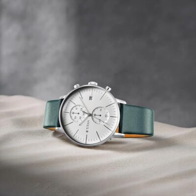 Titan Infinity Display Quartz Chronograph with Date Silver Dial Dark Teal Green Leather Strap Watch for Men - NT90146SL01