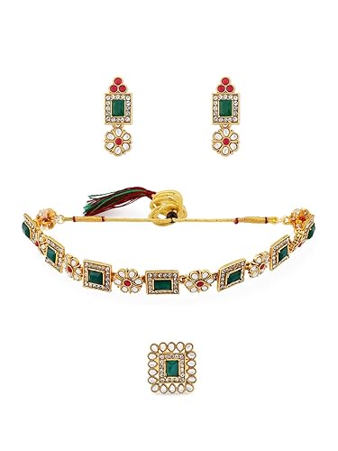 Green & Pink Stones Ethnic Collar Bone Necklace Earring & Ring Set For Women