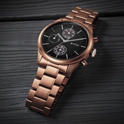 Titan Neo Splash Quartz Multifunction Black Dial Metallic Brown Stainless Steel Strap Watch for Men - NT1805QM04