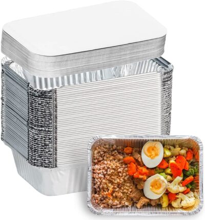 660ml Aluminium Silver Foil Container 50pc pack with Lid | Food Storage Aluminum Disposable Containers large | use and throw food packaging box for packing for kitchen.