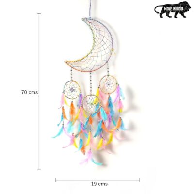 DULI Stainless Steel Crescent Moon Dream Catcher – Handmade Wall Hanging Home Decor with Beads & Feathers | Bedroom, Living Room & Gift Decoration (Pastel Multi, 70×19 cm)