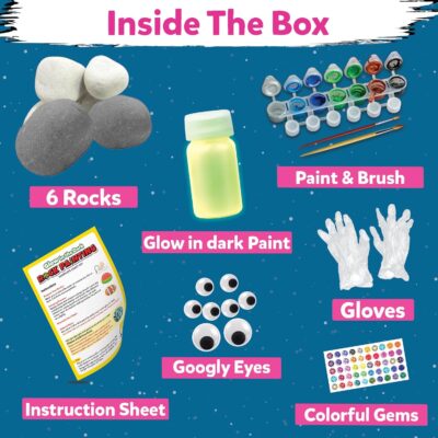 Rock Painting Kit - Glow in The Dark Art & Craft Activity Set for Girls & Boys | DIY Supplies | Includes 6 Reusable Rocks | Gift for Kids Age 4-12 Years - Activity Kit, Multi Colour