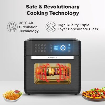Havells Air-Oven Avanza | 1700W | 15L Capacity | Digital Touch Control | 14 Pre-Sets | Aerocrisp Technology | Auto-Shutoff | Includes Skewer Set,Rotisserie Fork,Mesh,Baking Tray | 2Yr Warranty | Black