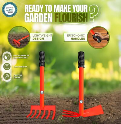 Garden Tools Set- 2 Pcs, Heavy Duty Gardening Baby Rake and Hoe with Three Prong | Gardening Tools for Home Garden | Durable Plant Tool Kit | Farming Tools