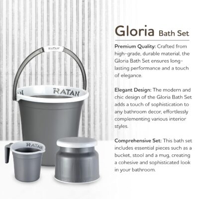 RATAN PLASTICWARE Plastic Bathroom Set of 5 Pieces Combo Pack Gloria Plain,25 Liters 2 Pieces Bucket + Nova Stool Patla 107 + Two Gloria Plain Bath Mug 1.5 Liters- NIR Silver