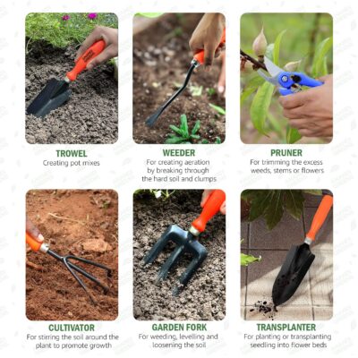 Metal Agriculture Gardening Tools Kit-10 Pcs (Cultivator, Fork, Trowels, Weeder, Garden Gloves, Pruner Cutter, Scissors, Tool packet) | Gardening Tools Set for Home Garden
