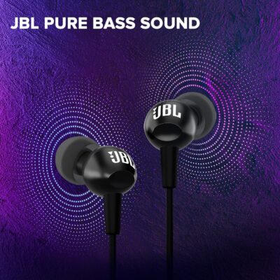 JBL C100SI Wired In Ear Headphones With Mic, Pure Bass Sound, One Button Multi-Function Remote, Premium Metallic Finish, Angled Buds For Comfort Fit (Black)