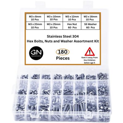 SS304 M3 Hex Bolt Set with Nuts & Washers – 180 Pcs (8mm–25mm, 6 Sizes)
