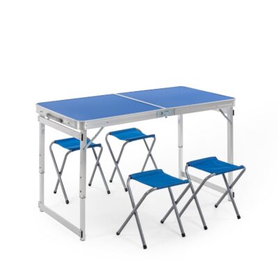 Corvids 4 Feet Multipurpose Aluminum Folding Camping Table with 4 Oxford Mat Chairs & Carrying Handle | Height Adjustable Table for Picnic, Hiking, Garden, Outdoor & Indoor Use (Blue)