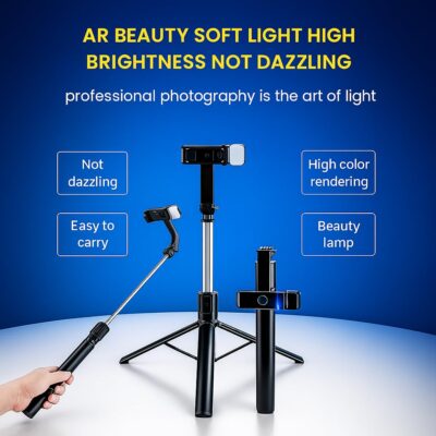 6FT Selfie Stick Tripod Stand with LED Light – 3-in-1 Phone Stand with Bluetooth Remote & Rechargeable Ring Light for Photos, Makeup, Vlogging, and Video Calls (6FT Stick with Light)