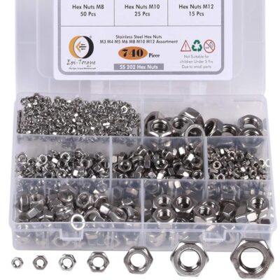 Epi-Torque Stainless Steel 202 Hex Nuts Assortment Set (M3–M12, 740 Pcs) with Organizer Box