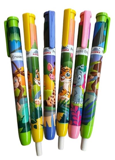 MSGH Retractable Eraser, Novelty Erasers Pen Shaped, Press Mechanical Rubbers with Erasers for Kid Students, Stationery Gift for Kids, Return Gift for Kids (random Color) (Eraser Stick (Pack of 6))